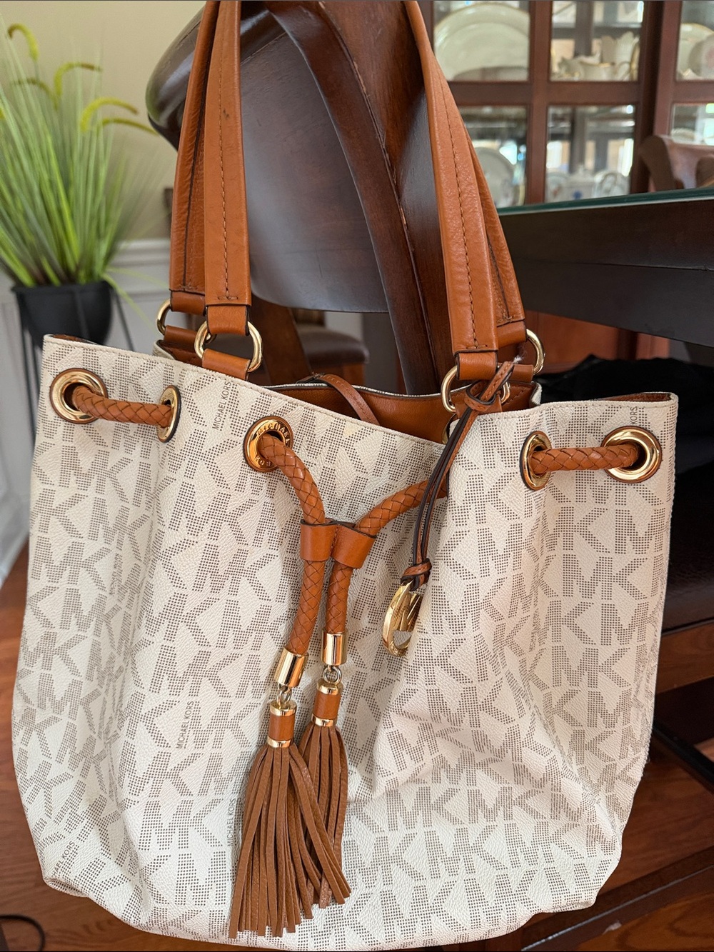 Michael Kors Beige Logo Drawstring Shoulder Tote with Brown Leather Trim